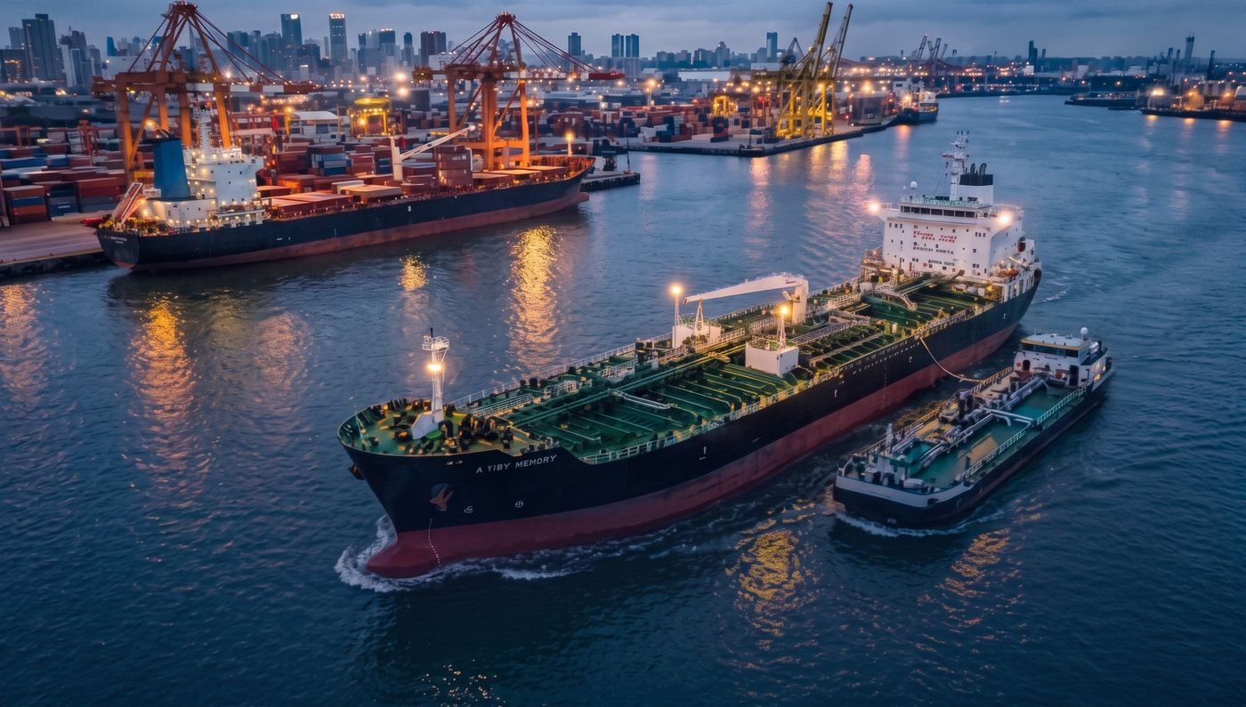 Tanker vessels in port at dusk