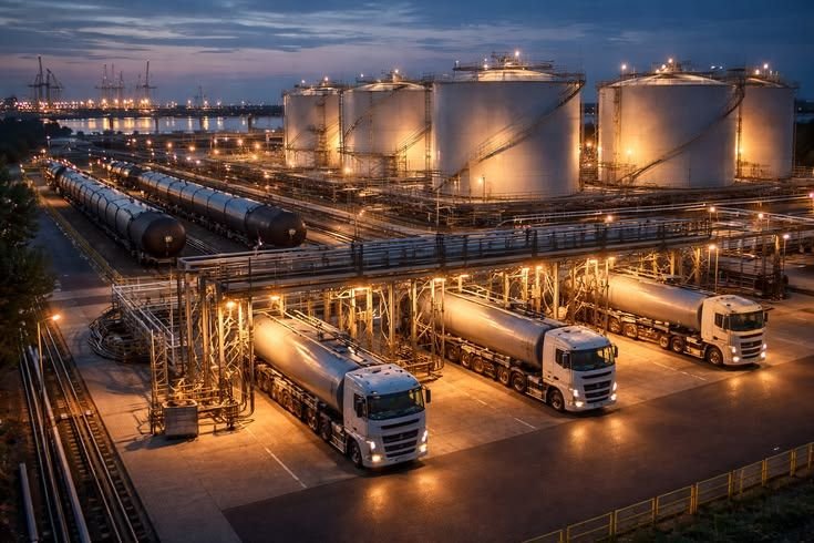 Fuel tanker trucks at a storage depot